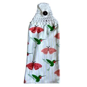 Hand Crafted Colorful Hummingbirds Butterflies Hanging Hand Towel Crochet Top